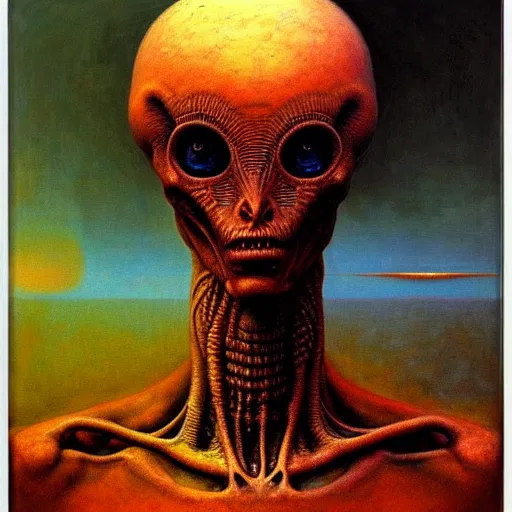 Prompt: alien man, full body, portraiture, painted by Beksiński, oil painting, intricate details