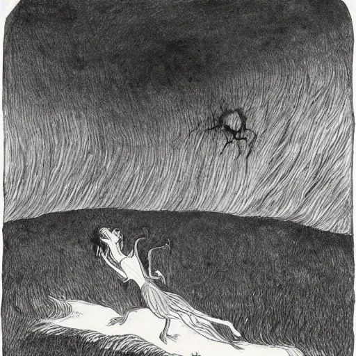 Image similar to limbo, sulfur, underworld, wind kissed ( ( ( ( picture ) ) ) ), ashes, lament, by maurice sendak, edward gorey, charles addams,