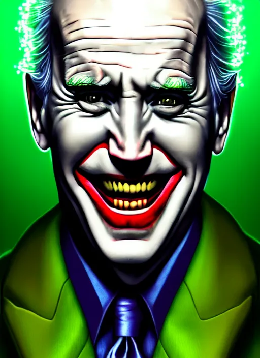 Image similar to portrait of joe biden as the joker, green hair, intricate, elegant, glowing lights, highly detailed, digital painting, artstation, concept art, sharp focus, illustration, art by wlop, mars ravelo and greg rutkowski