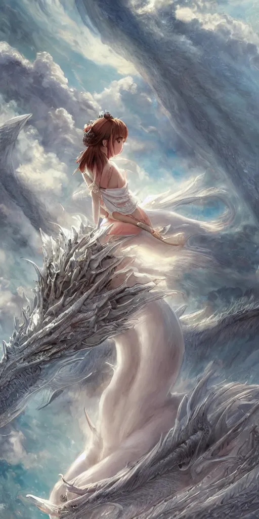 Image similar to the beautiful hyper detailed portrait render that a beautiful princess sitting on the back of a huge silver white dragon alone in fairyland surrounded by white clouds, finely detailed angelic face delicate features, style of studio ghibli, makoto shinkai, raphael lacoste, artgerm, james jean, ross tran, animation style, hd, ultra wide angle