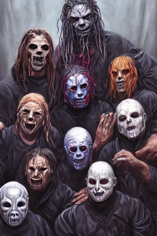 Image similar to a full body high detail fantasy portrait oil painting illustration of slipknot band by justin sweet with face and body clearly visible, in a scenic background, realistic proportions, d & d, rpg, forgotten realms, artstation trending, high quality, sombre mood, artstation trending, muted colours, entire person visible!