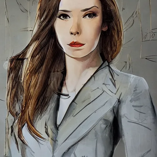 Image similar to woman in business suit, brown neat hair, pixiv, fanbox, trending on artstation, digital art, portrait, modern, sleek, highly detailed, formal, serious, determined, competent, colorized, smooth