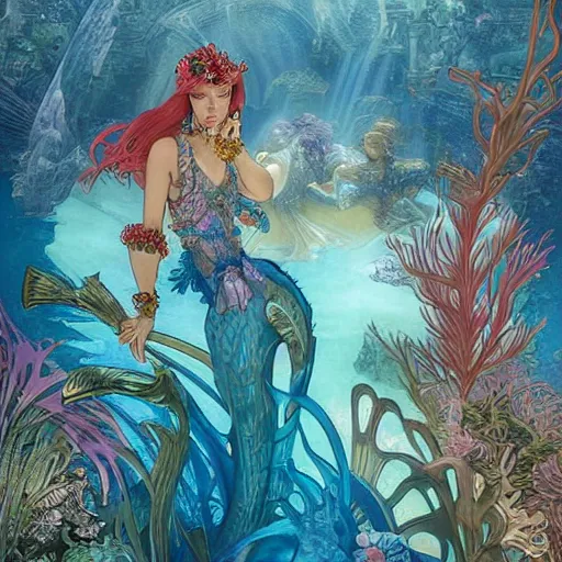 Prompt: Merfolk in the Lost City of Atlantis, very colourful, underwater, highly detailed, artstation, intricate, smooth, sharp focus, bright, happy, illustration, art by Artgerm and Greg Rutkowski and Alphonse Mucha and Yuumei, good clear quality, lighting, biology, symmetrical artwork, perfect face, 135 mm, cinematic, hyper realism, dark, moonlight, high detail, octane render, 8k, crimson highlights