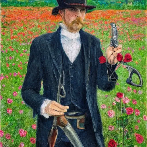 Image similar to an impressionist painting of a tall man with blue eyes that is wearing a wide brim hat and a leather vest. He is holding a revolver in his left hand and a rose is in his right hand. He is standing in a field of roses.