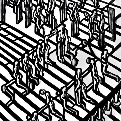 Prompt: people lining up, M.C. Escher painting, 4k drawing