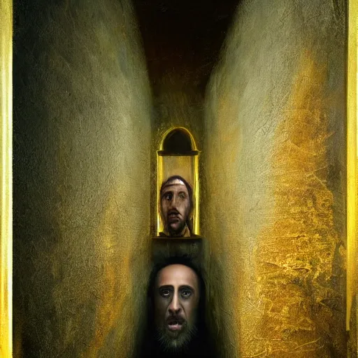 Image similar to michal karcz surrealism painting of the Nicholas Cage as an all seeing God. His eyes are watching everything. , horror theme, detailed, elegant, intricate, 4k,