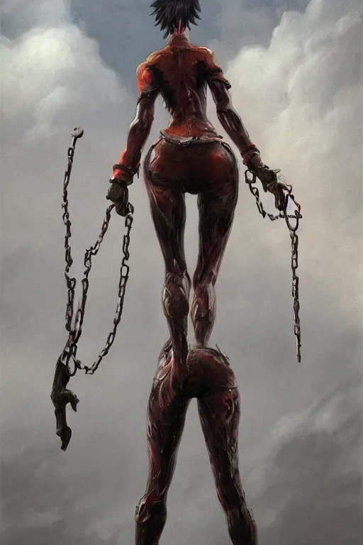 Image similar to full figure, painting of tracer from overwatch, in style of zdzisław beksinski, horror, 4 k, feminine facial features, full armor, full armor, detailed face, tall, dark ropes and chains in background