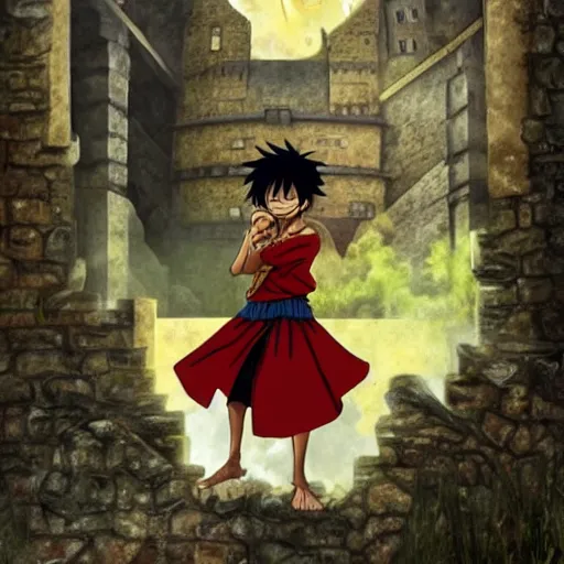 Image similar to luffy in the harry potter universe far away at some ruins from a castle. a wizard is already there and summons a portal that would take me back home.