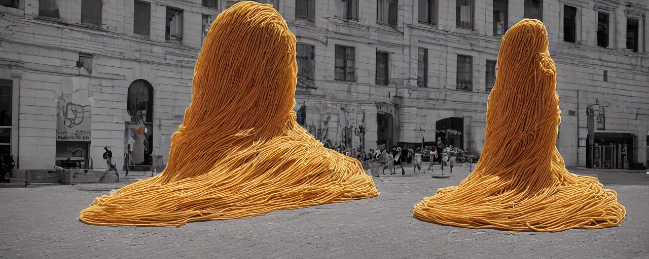 Image similar to ultra wide shot a statue of a person made of spaghetti on an empty european plaza, canon 5 0 mm, cinematic lighting, photography, retro, film, kodachrome, closeup