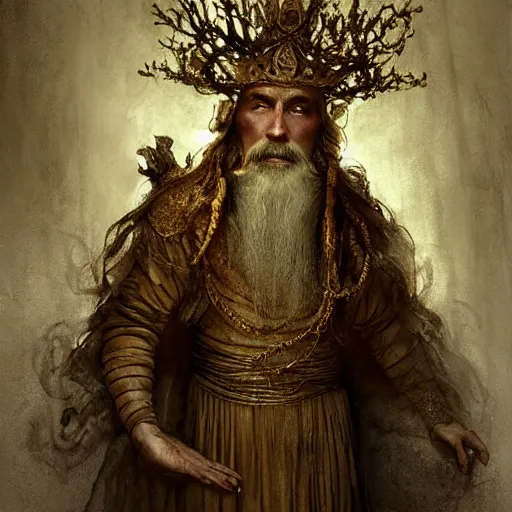 Prompt: an ancient, 1 0 0 0 years old, wrinked, blind, fae king ( with very long, white beard, and a strange crown, dressed in a ornate, silk golden robe ) by sarah ann loreth, greg rutkowski and rembrandt, low key lights, atmospheric, dreamlike, mystical, intricate and detailet, hyperrealistic