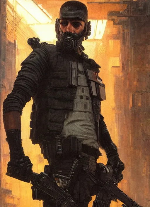 Image similar to 🧗. cyberpunk police trooper in a military vest ( blade runner 2 0 4 9, cyberpunk 2 0 7 7 ). orientalist portrait by john william waterhouse and james gurney and theodore ralli and nasreddine dinet, oil on canvas. cinematic, hyper realism, realistic proportions, dramatic lighting, high detail 4 k