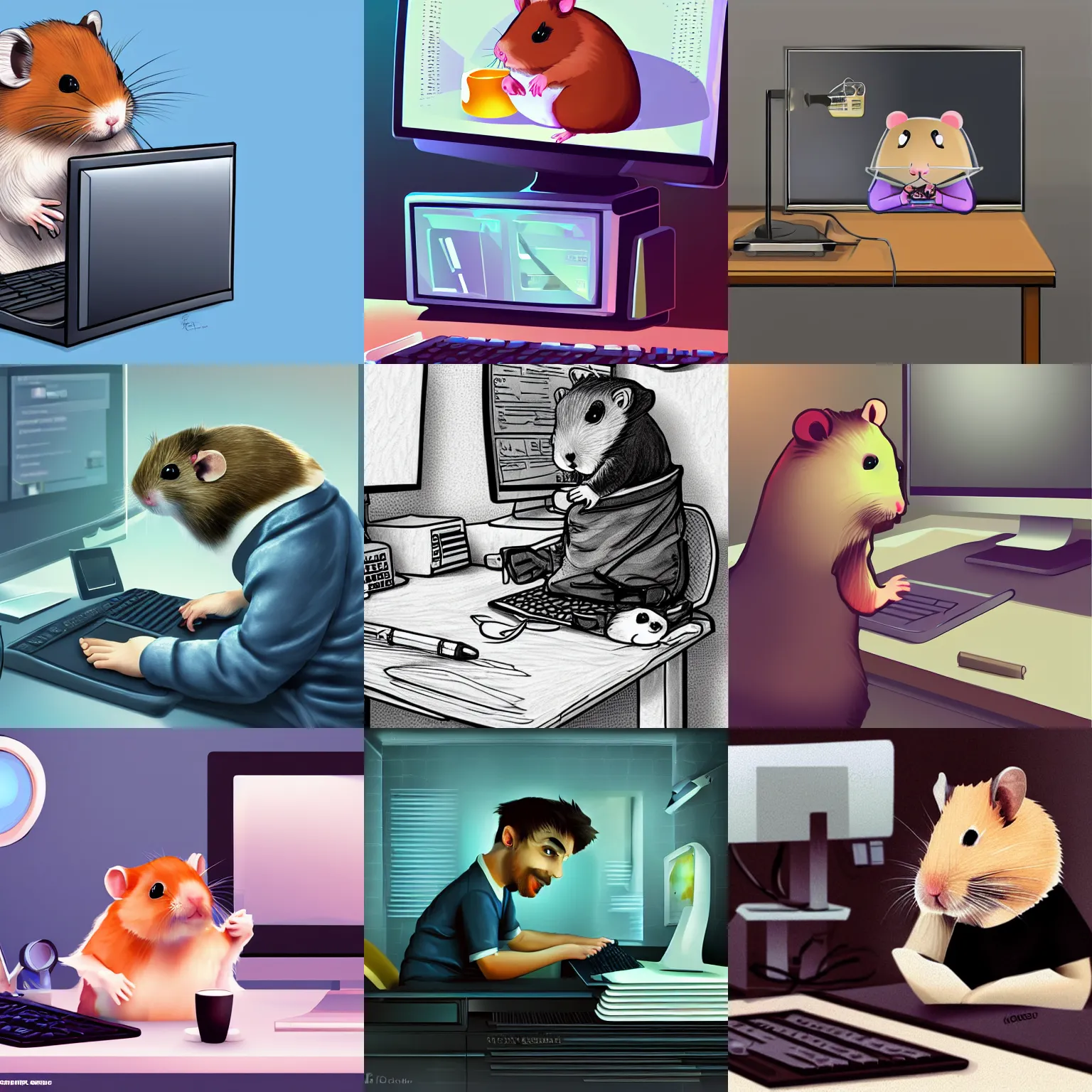 Prompt: a hamster working behind a computer. very detailed. artstation. award winning. digital art.