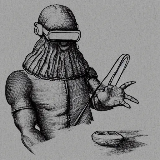 Prompt: a sketch on papyrus of a virtual reality headset in the style of Leonardo Da Vinci