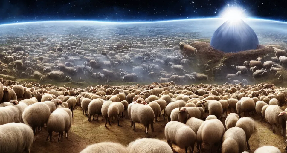 Image similar to The great migration of sheep on a huge shit collapsed in the form of an O'Neill cylinder in orbit of a capybara, rectilinear, barometric projection, dutch angle from space view, concept art, high detail, intimidating, deep rich colors, iridescent radiance, epic scale ultrawide angle, stunning, epic, cinematic, Artstation trending, octane render, hyperrealistic, Cryengine 8k UHD