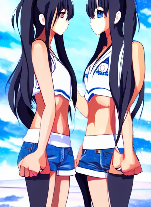 Prompt: two beautiful female fighters with twintails taunting each other, denim shorts, white top, dim lighting, gorgeous features, smooth, detailed anime art