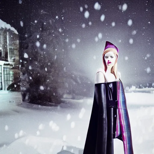 Image similar to medium format photograph of a surreal fashion shoot in the snow at night with camera flash