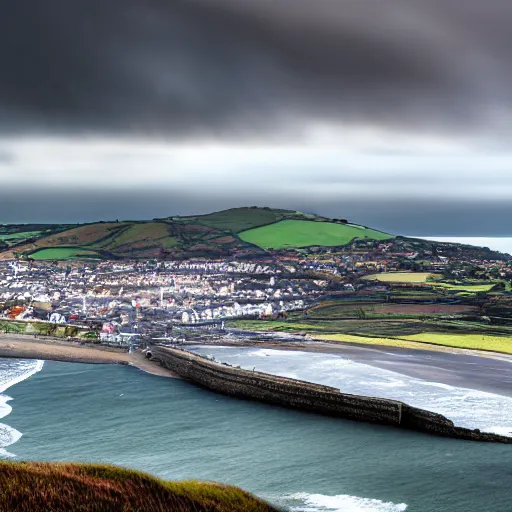 Image similar to the town of aberystwyth with stormy sea, ultrarealism, photorealism, 8 k, wide angle