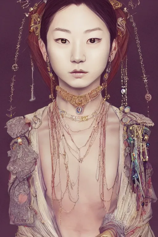 Image similar to beautiful very detailed portrait of Marin Kitagawa with lots of jewelry in the face, full body, in the background there is a minimalistic palace, digital art , dramatic cinematic lighting rendered by octane, 8k, detailed, intricate, clean and textures, trending on artstation, treanding on deviantart, trending on cgsociety, pinterest, by Lauren Brevner + FRANS SMIT