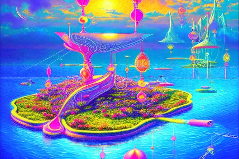 Prompt: Floating island paradise, a fantasy sci-fi dreamworld painting in neon geometric inks, art nouveau by Terese Edvard Guay Kinkade