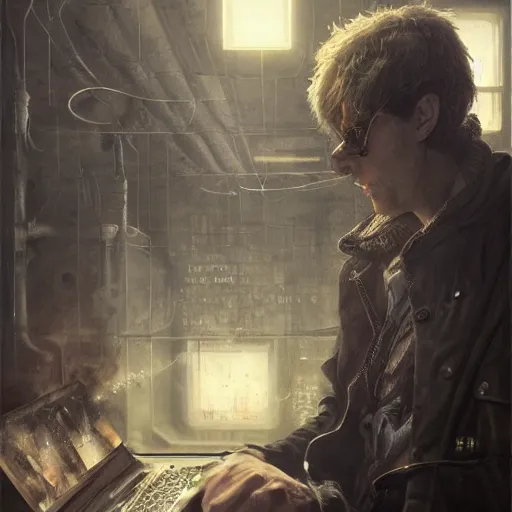 Prompt: henry dorsett case, middleaged shaggy gay, smoker, hacker, cyberpunk, painted by seb mckinnon, high detail, dramatic light, digital art, painted by greg rutkowski, promotional movie posterart, trending on artstation