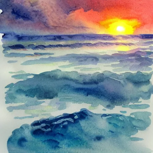 Prompt: atlantide at sunrise. watercolor. trending on artstation.