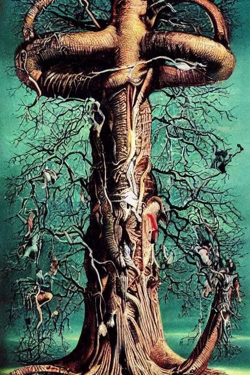 Image similar to vintage magazine advertisement depicting all of the knowledge in the world as a tree, by hr giger