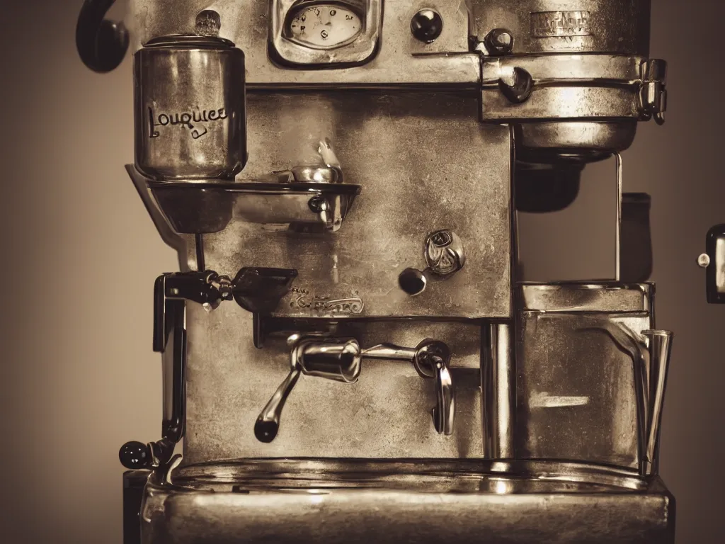 Image similar to photography of a historic coffee machine, by louis daquerre, product photography, small depth of field, fresh colors, trending on artstation