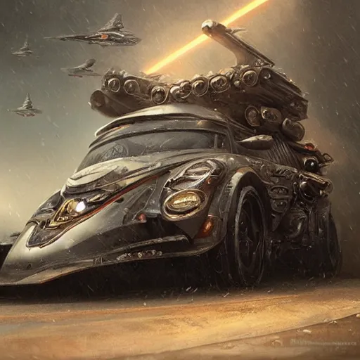 Prompt: full view of a car, intricate, elegant, highly detailed, digital painting, concept art, smooth, sharp focus, art style from Wang Ke and Greg Rutkowski and Bruce Kaiser and Scott Robertson and Dmitry Mazurkevich and Doruk Erdem and Jon Sibal, small style cue from blade runner and star wars