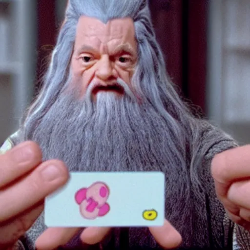 Image similar to portrait of gandalf as Hello Kitty, holding a blank playing card up to the camera, movie still from the lord of the rings