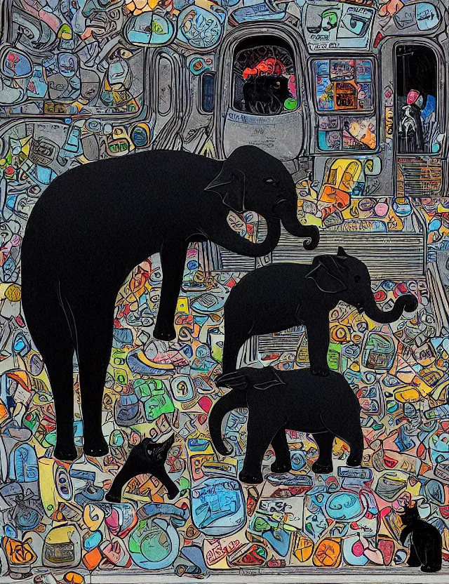 Prompt: realistic portrait of a stoned black cat and a tiny elephant in the very busy NYC subway looking at a train arriving to late by James Jean