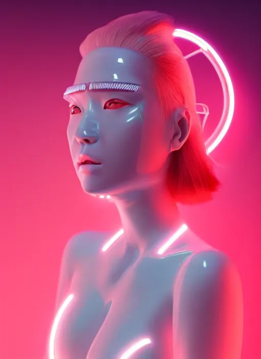 Prompt: female japan humanoid with freckled cheeks, cyber neon lighting, retro futurism, intricate futuristic led lit jewelry, retro futuristic glossy white latex swimwear, profile posing, hyper photorealistic, crispy quality, digital photography, trending in artstation, trending in pinterest, cinematic, 4 k ultra hd, art by pascal blanche, art by greg rutkowski,