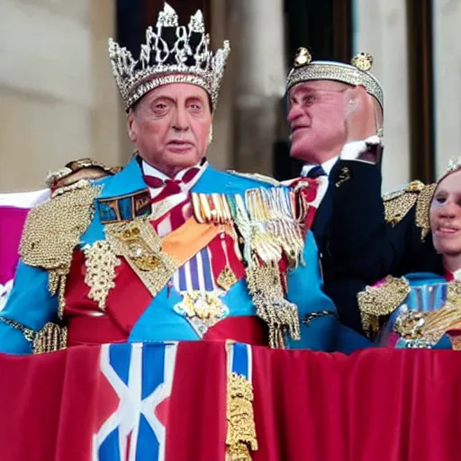 Image similar to Silvio Berlusconi Is crowned queen of England, photo-realistic, 8k, historical photo