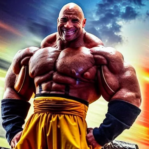 Prompt: photo of a live - action dragon ball z movie featuring dwayne johnson as nappa in full saiyan armor