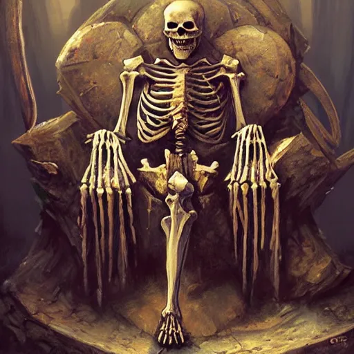 Image similar to Skeleton King, resting on his throne, oil painting, by Fernanda Suarez and Greg Rutkowski