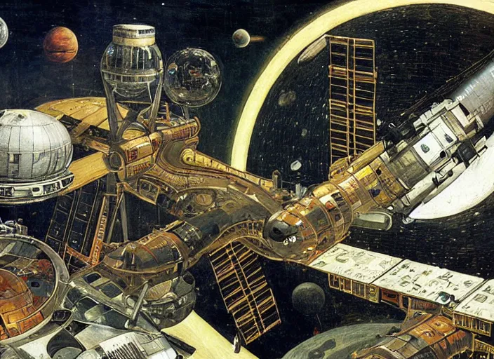 Image similar to an intricately detailed space station colony Hieronymus Bosch and Syd Mead