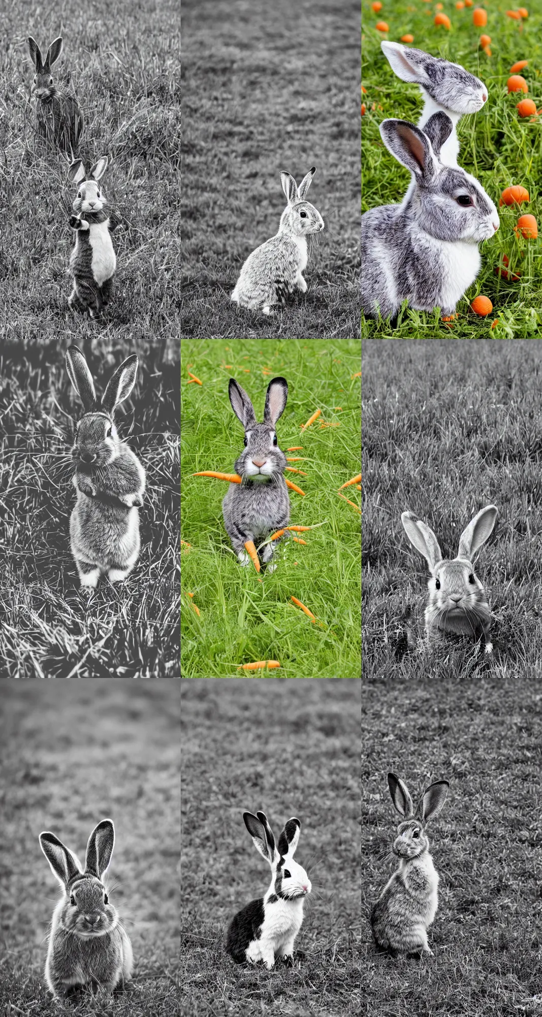 Prompt: black and white spotted bunny with floppy ears in a grassy field surrounded by carrots, happy, photo