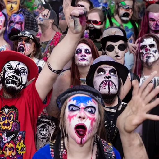 Image similar to juggalos invading a grateful dead concert, highly detailed facial expressions