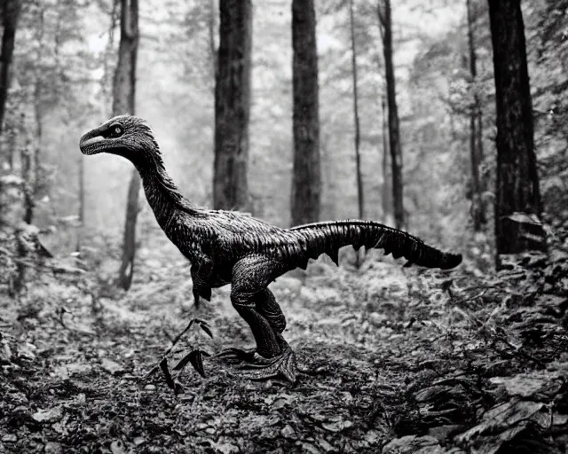 Image similar to hyper realistic vintage photograph of a real feathered velociraptor in a forest, ultra detailed, grain, old, monochrome, sepia toned, realistic lighting, wide angle, prehistoric planet