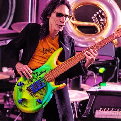 Image similar to Steve vai playing the tuba sensually, realistic, 4K,