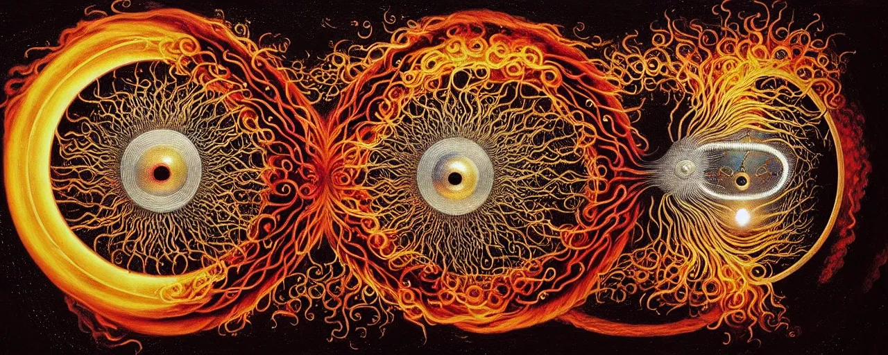 Image similar to a strange fire creature with endearing eyes radiates a unique canto'as above so below'while being ignited by the spirit of haeckel and robert fludd, breakthrough is iminent, glory be to the magic within, in honor of saturn, painted by ronny khalil