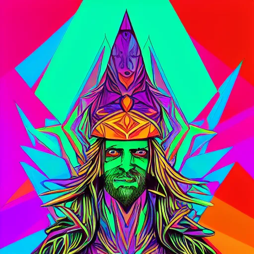 Prompt: psychadelic art of a fantasy wizard in the style of louis wayne, bright colours, angular shapes, geometric, highly intricate