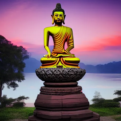 Image similar to a beautifully detailed wide angle oil painting of a sitting thai buddha statue in front of a thai temple with a gorgeous sunrise, by kestutis kasparavicius trending on artstation