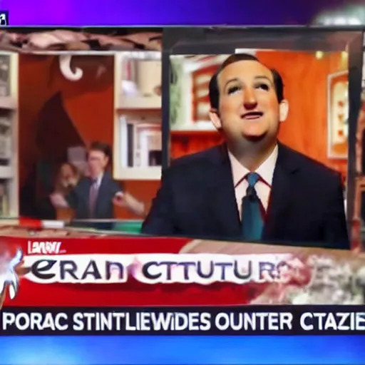 Image similar to ted cruz octopus monster destroys a city, news coverage on local affiliate