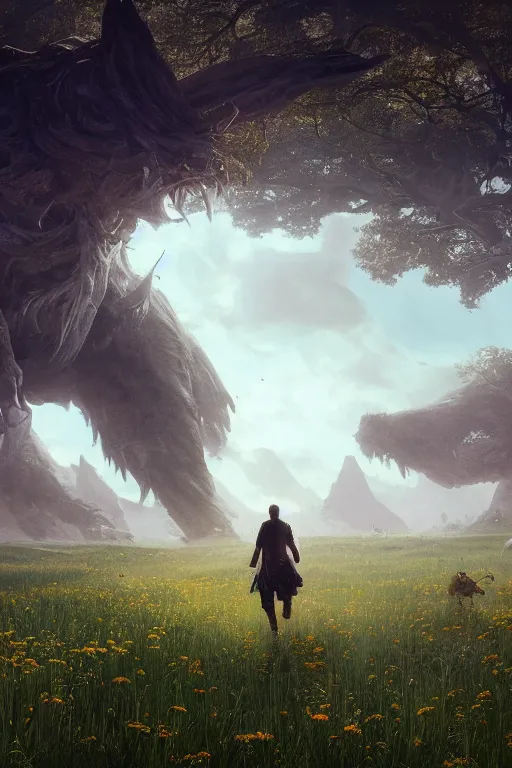 Image similar to A beuatiful meadow with a giant creature walking in the far distance by Greg Rutkowski, Sung Choi, Mitchell Mohrhauser, Maciej Kuciara, Johnson Ting, Maxim Verehin, Peter Konig, final fantasy , 8k photorealistic, cinematic lighting, HD, high details, atmospheric,