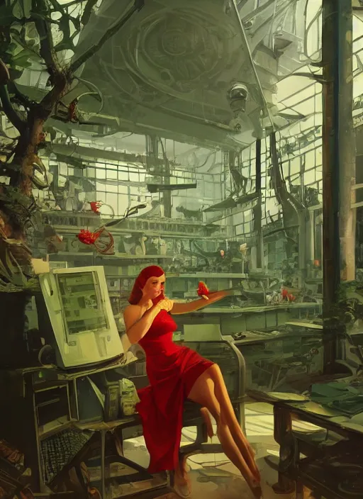 Prompt: gorgeous soviet girl scientist making research at futuristic soviet scientific lab in amazonian jungle tree tops communist agitprop by ross tran, thierry doizon, craig mullins, ilya kuvshinov, artgerm, edward hopper, dan mumford, wlop, rutkovsky, carl spitzweg, moebius, unreal engine 5, lumen, nanite