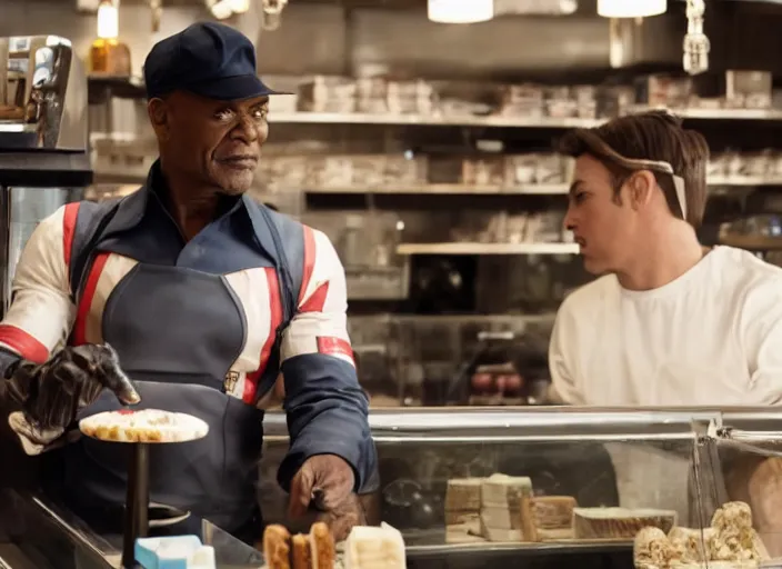 Prompt: film still of Nick Fury working in an Ice Cream shop in the new Avengers movie, 4k