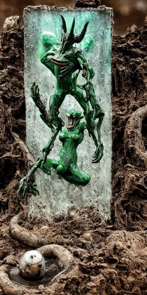 Image similar to bootleg figure of a plastic green acid xenomorph diorama drowning on the mud water, secondhand, rain stormcloud by Luis Royo, mcfarlane, cursed photography, middle shot