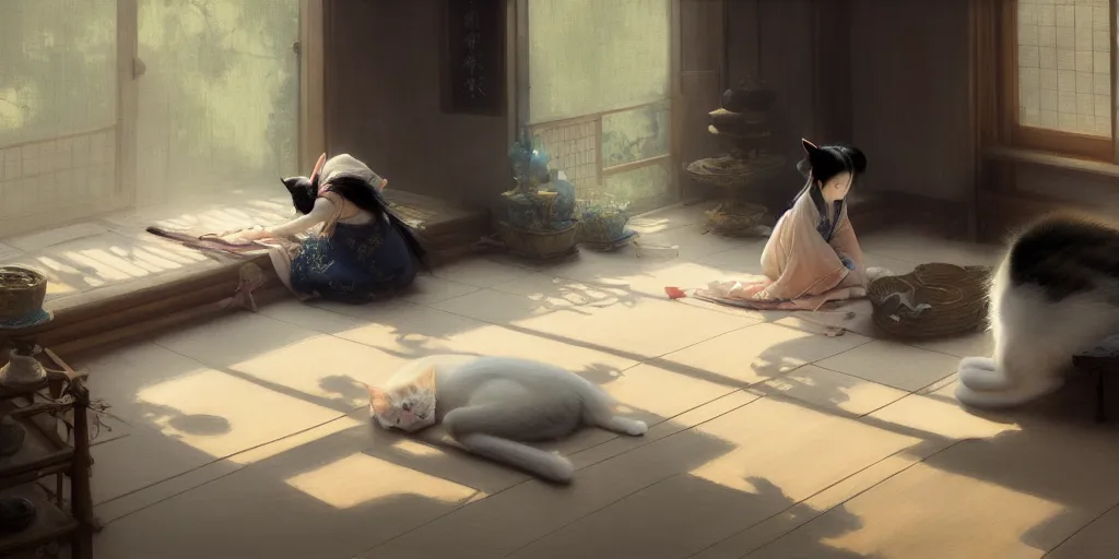 Prompt: japanese woman sewing on floor while a cat napping behind her, dim light, extremely detailed digital painting, in the style of fenghua zhong and ruan jia and jeremy lipking and peter mohrbacher, mystical colors, rim light, beautiful lighting, 8 k, stunning scene, raytracing, octane, trending on artstation