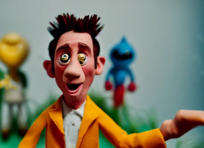 Image similar to cinematic screenshot portrait of a stop motion claymation film about a goofy wacky adventure starring ace ventura, shallow depth of field, 1 8 mm, f 1. 8