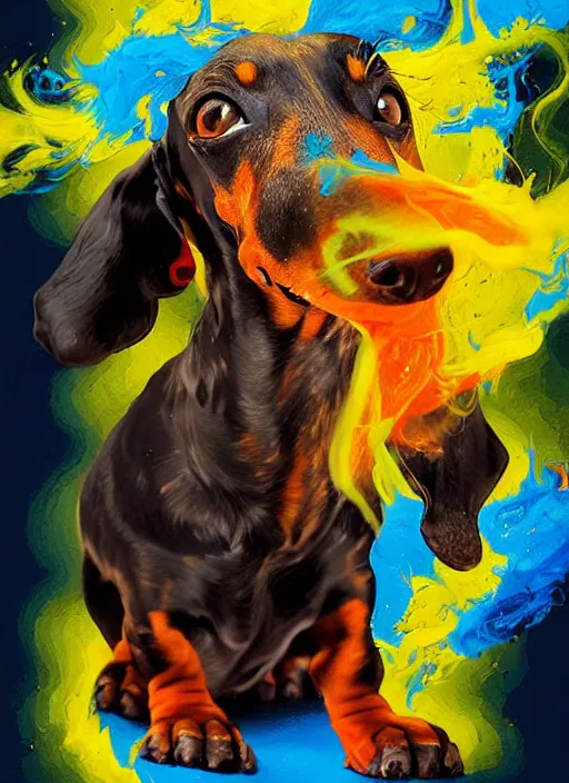 Image similar to a painting of a dachshund facewith its tounge sticking out, with blue and yellow smoke coming out of, a digital painting by petros afshar, behance contest winner, digital art, behance hd, digital illustration, digital painting